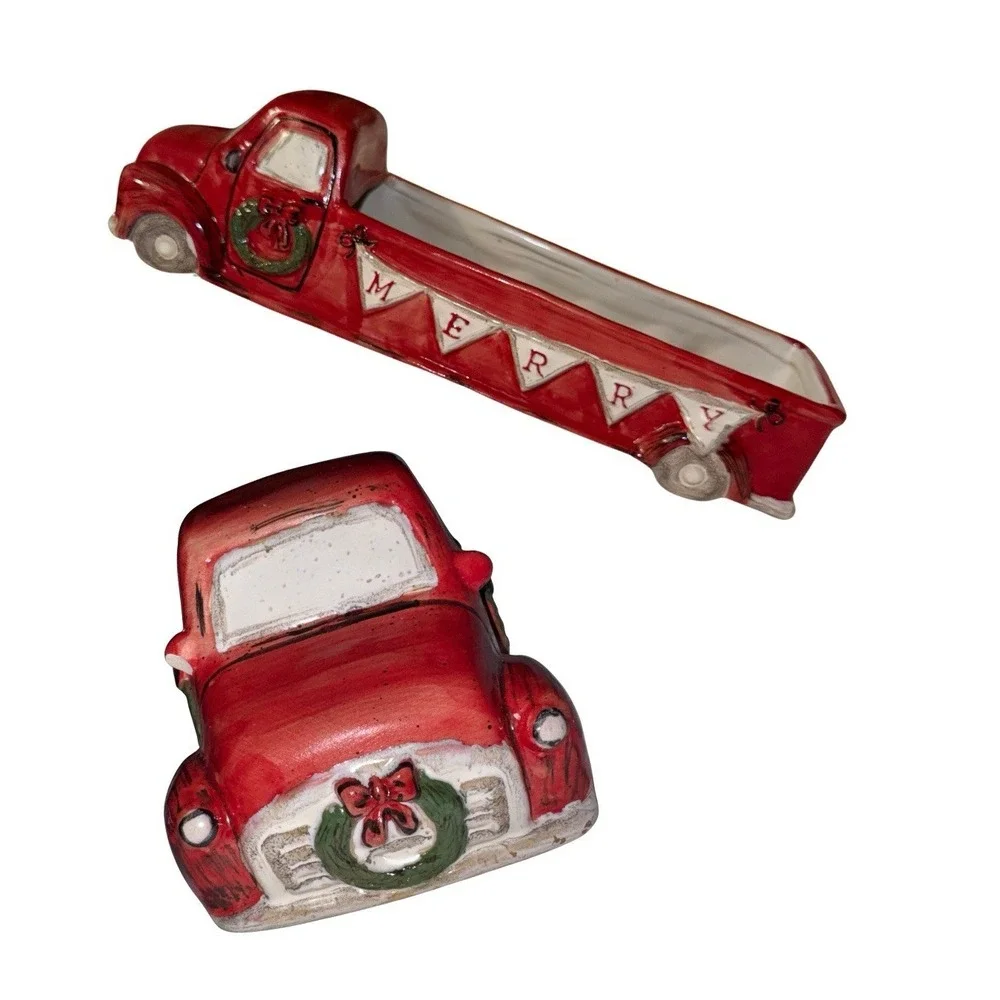 Mud Pie Merry Truck Ceramic Christmas Cracker Or Candy Dish Red Vintage Truck